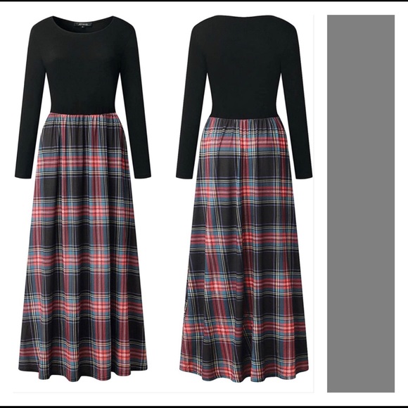 Plaid Long Sleeve Empire Waist Full Length Maxi Dress - Picture 2 of 9